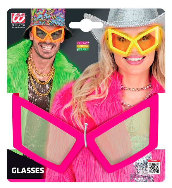 Verpakking van de bril oversized neon roze met vermelding dat het montuur oplicht onder uv-licht