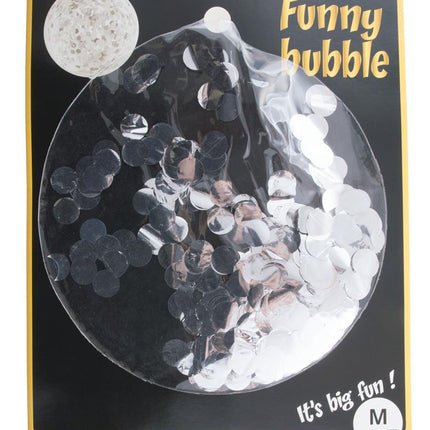 Verpakking bubbelballon Funny Fashion maat M, doorzichtige latexballon met zilveren folieconfetti