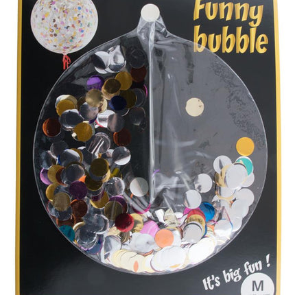 Verpakking van de bubbelballon met losse folieconfetti, maat M van circa 45,72 cm