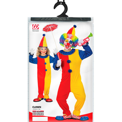 Verpakking clownspak kind Duo met jumpsuit en hoed en het maatoverzicht van 104 tot 158 cm