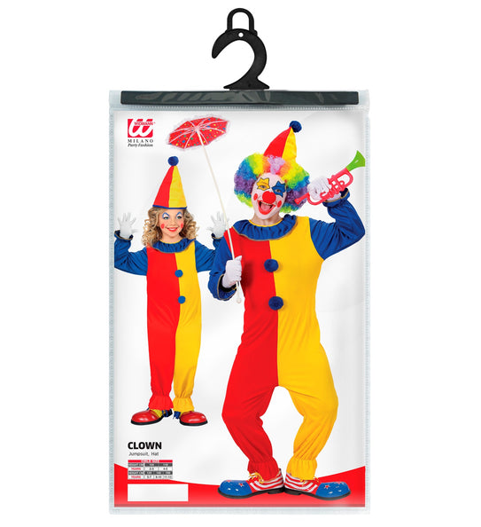 Verpakking clownspak kind Duo met jumpsuit en hoed en het maatoverzicht van 104 tot 158 cm
