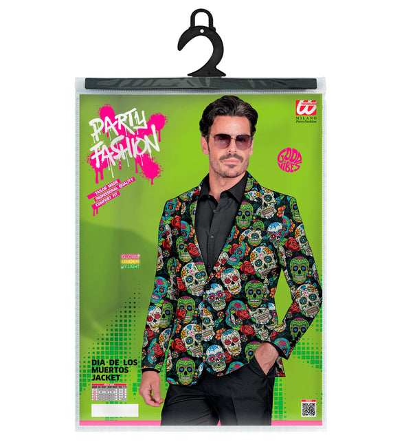 Verpakking van het colbert day of the dead Skully met maattabel S tot XXL