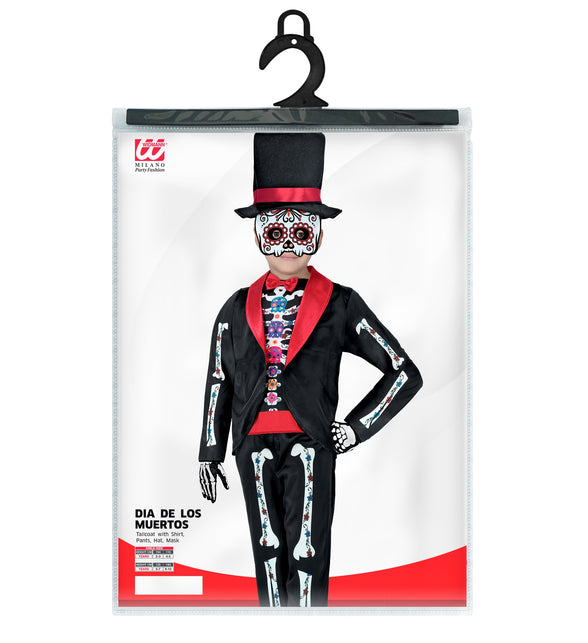 Verpakking dag van de doden kostuum jongen Sanne met rokjas, shirt, broek, hoed en masker