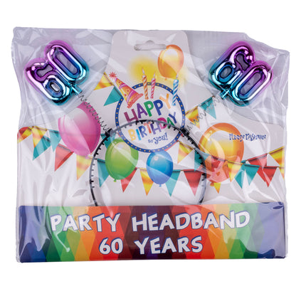 Verpakking van de diadeem 60 jaar regenboog van Funny Fashion met de cijfers 60 op veertjes