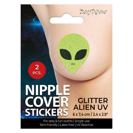 Verpakking Funny Fashion tepelstickers alien UV, 2 stuks van 6 x 7,4 cm met glittereffect