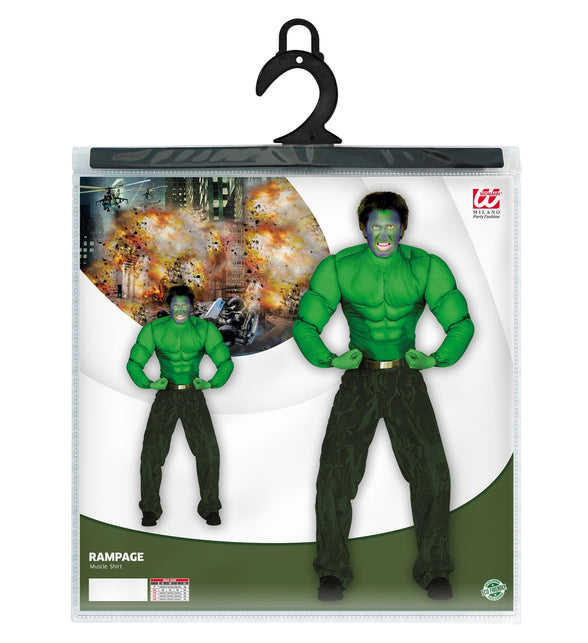 Verpakking van het gespierde groene spierenshirt met maattabel S tot XL