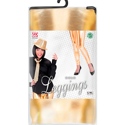 Verpakking van de gouden legging glans in maat L/XL met goudkleurige stof zichtbaar