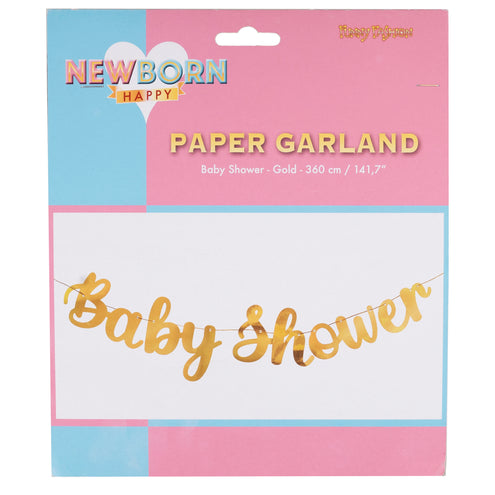 Verpakking van de gouden papieren babyshower slinger van 360 cm, met de slinger op de voorkant afgebeeld