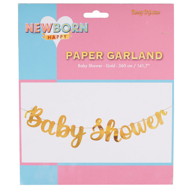 Verpakking van de gouden papieren babyshower slinger van 360 cm, met de slinger op de voorkant afgebeeld