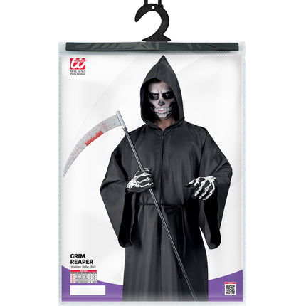 Verpakking grimreaper kostuum Donny met maattabel voor heren, cape met kap en riem
