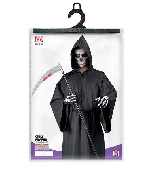 Verpakking grimreaper kostuum Donny met maattabel voor heren, cape met kap en riem
