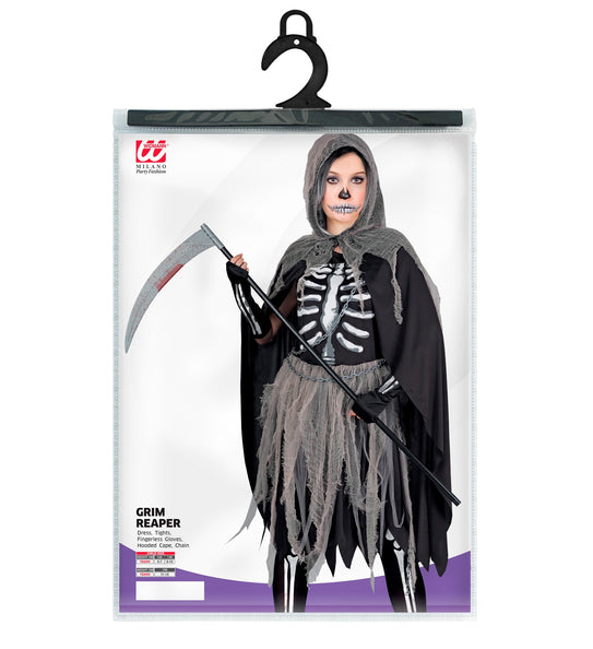 Verpakking Grimreaper kostuum kinderen Skelety met maataanduiding 128, 140 en 158 cm