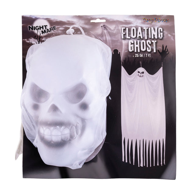 Verpakking van het hangend spook met opgevouwen doodskop en afbeelding van het 215 cm lange spookdoek