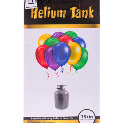 Verpakking heliumtank 15 lbs voor circa 30 ballonnen, met gekleurde feestballonnen op de doos