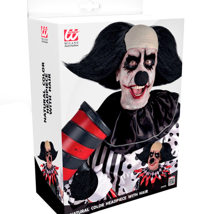 Verpakking van de hoofdbedekking sinister clown Lynn van Widmann met zwarte zijplukken