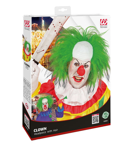 Verpakking van de horrorclown pruik groen van Widmann met groene clownspruik op de voorkant