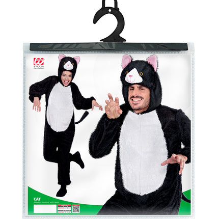 Verpakking van het kattenpak Catty met kattenjumpsuit en kap in maten M en XL