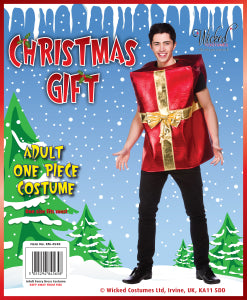 Verpakking van het Kerst cadeau kostuum van Wicked Costumes met het rode cadeaupak op de voorkant