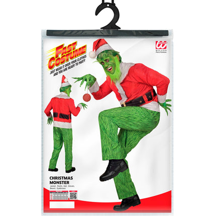 Verpakking van het kerst monster kostuum Grinch met maattabel S tot XXL