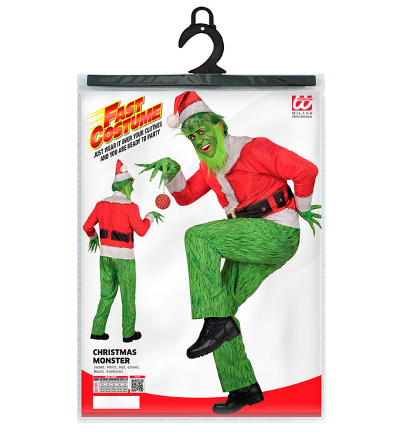 Verpakking van het kerst monster kostuum Grinch met maattabel S tot XXL