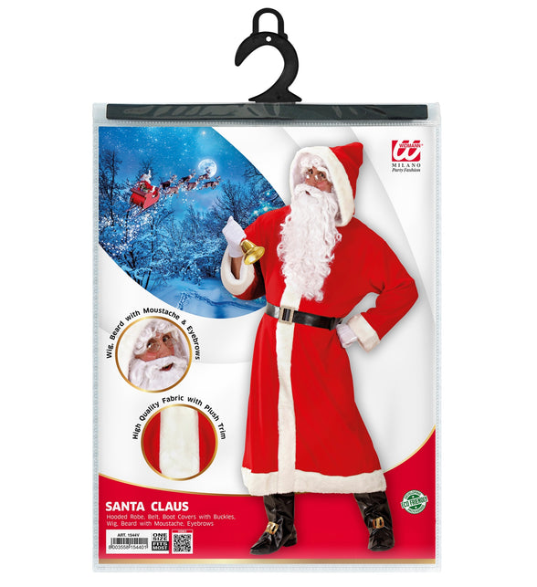 Verpakking van het kerstman jas pak met gewaad, riem, laarskappen, pruik en baard met snor