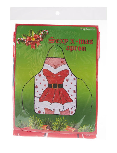Verpakking van het kerstschort Belinda van Funny Fashion met afbeelding van de kerstjurkprint