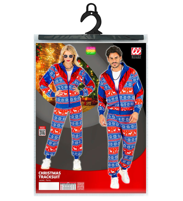 Verpakking van het kersttrainingspak met jas en broek en de maten S tot XXL