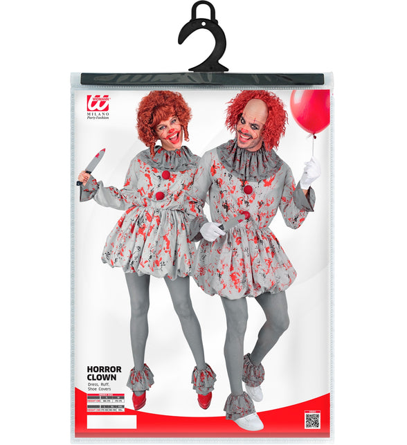 Verpakking killer clown kostuum met jurk, kraag en overzetschoenen in maten S tot XXL