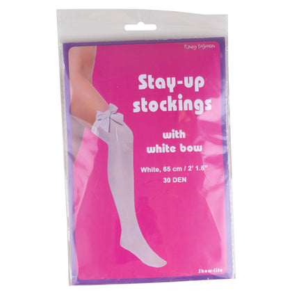 Verpakking kniekousen wit met witte strik van Funny Fashion, 65 cm en 30 den