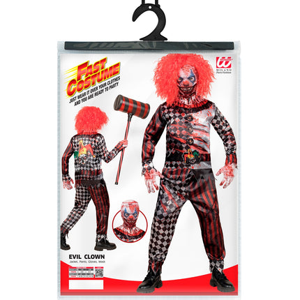 Verpakking van het kwaadaardige clown kostuum Mila met jas, broek, handschoenen en masker