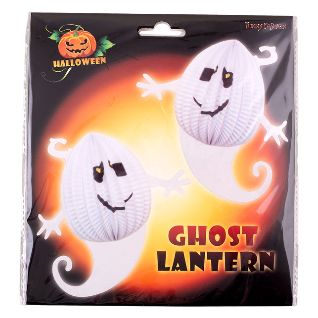 Verpakking van de lampion spook met twee witte papieren spookjes en Halloween-opdruk