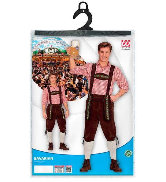 Verpakking van de lederhose Beiers bruin met maattabel M, L en XL