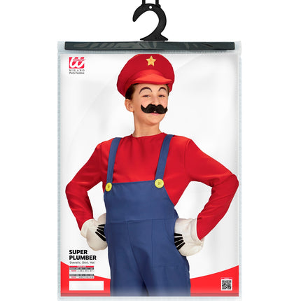 Verpakking Mario de loodgieter tuinbroek kids met maattabel van 104 tot 164 cm