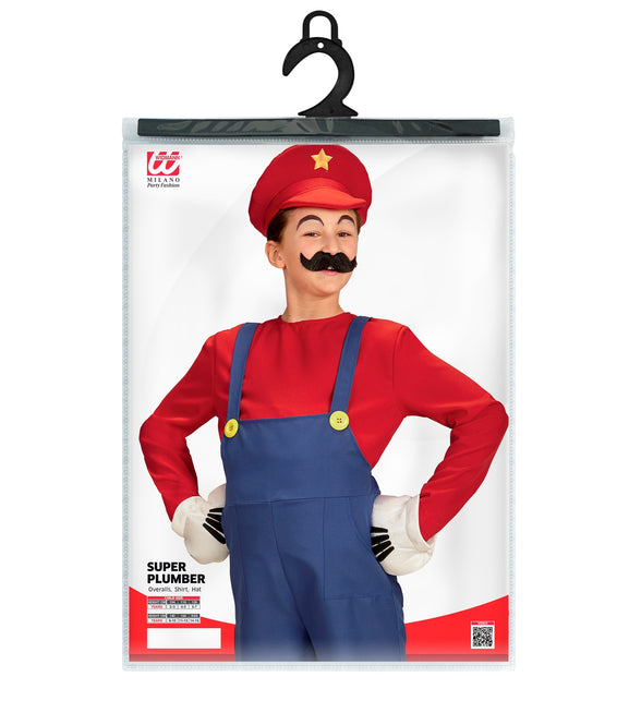 Verpakking Mario de loodgieter tuinbroek kids met maattabel van 104 tot 164 cm
