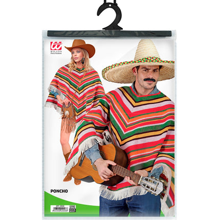 Verpakking van de Mexicaanse poncho Sanne van Widmann met gestreepte poncho op de voorkant