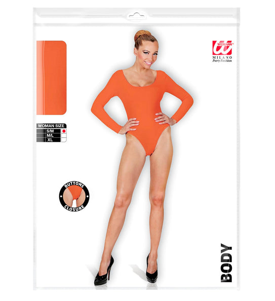 Verpakking van de oranje body voor dames met maattabel S/M, M/L, XL en icoon van de knoopsluiting in het kruis