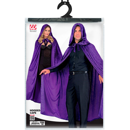 Verpakking van de paarse cape met kap van Widmann, artikel 21411, lengte 140 cm