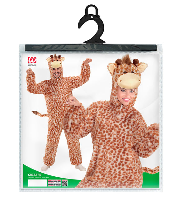 Verpakking van het plushe giraffe pak Gary met capuchon, jumpsuit en maatoverzicht