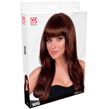 Verpakking van de pruik beautiful bruin van Widmann met detailfoto van het steile bruine haar