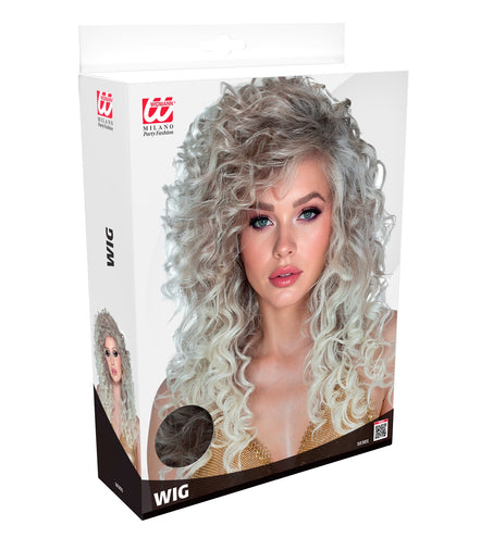 Verpakking van de pruik supercurls dames met blonde krullenpruik op de doos