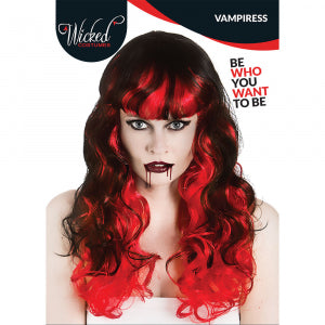 Verpakking van de pruik Vampira met krullen van Wicked Costumes met zwart-rode krulpruik op de voorkant