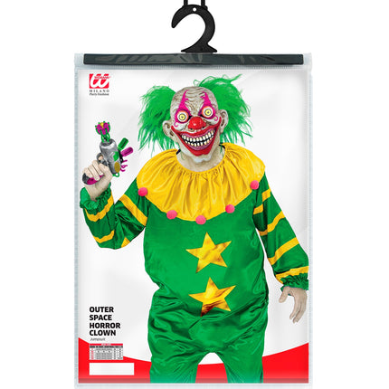 Verpakking van het ruimte horror clown kostuum Mees van Widmann met maattabel S tot XXL