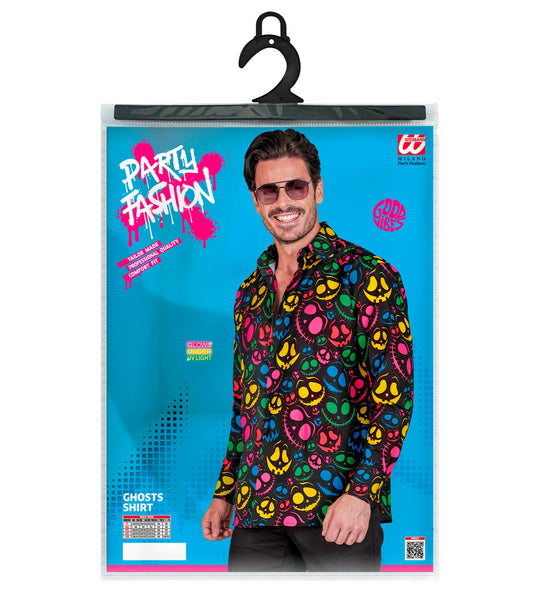 Verpakking van het shirt grappige geesten met maattabel S tot XXL en vermelding uv-licht