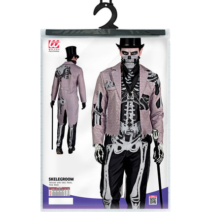 Verpakking van het Skelegroom skelet bruidegom kostuum met rokjas, vest, broek en masker