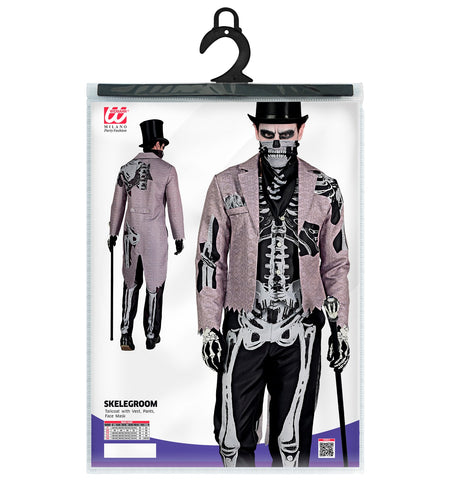Verpakking van het Skelegroom skelet bruidegom kostuum met rokjas, vest, broek en masker
