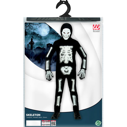 Verpakking van het skelet pak 3D kinderen met jumpsuit, capuchonmasker en handschoenen in kindermaten