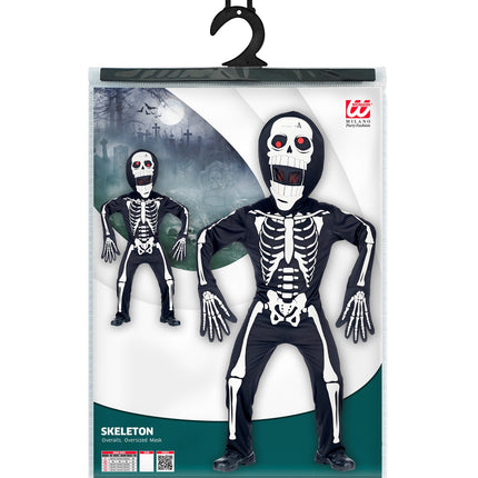 Verpakking van het skelet pak met groot hoofd met overall en oversized masker, maat S-M en L/XL