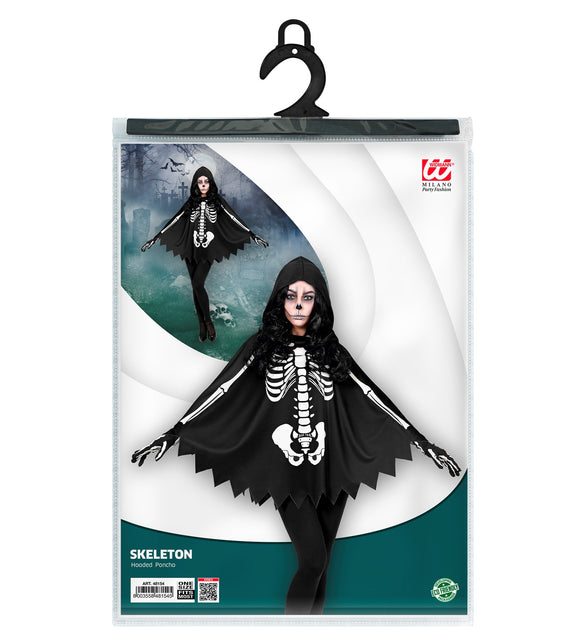 Verpakking van de skelet poncho volwassenen met hangkaart en afbeelding van de skeletprint