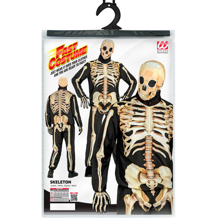 Verpakking van het skeletkostuum met jas, broek, handschoenen, masker en maattabel S tot XXL