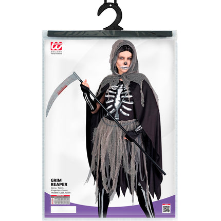 Verpakking Skelety grimreaper kostuum dames met jurk, panty, handschoenen, cape en ketting